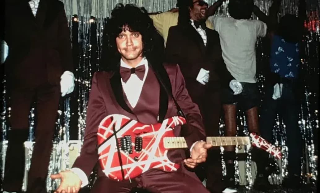 Eddie Van Halen makes a face while filming the “Hot for Teacher” music video at Marshall High School in Los Angeles in 1984. 